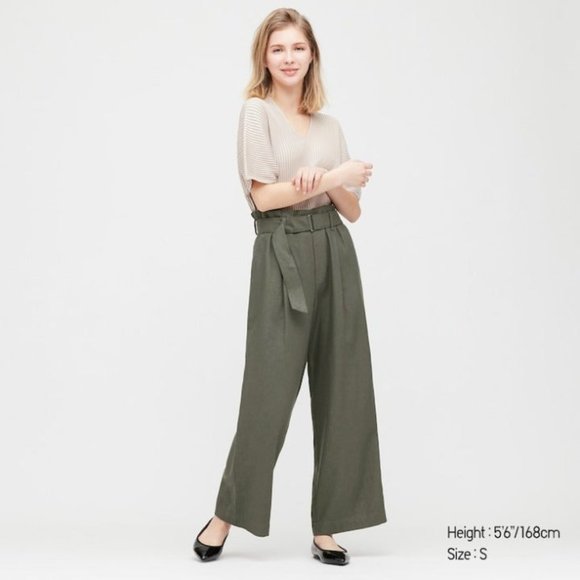 💖 2/$25 Uniqlo Belted Wide Leg Paper Bag Linen Blend Pants - Picture 1 of 7
